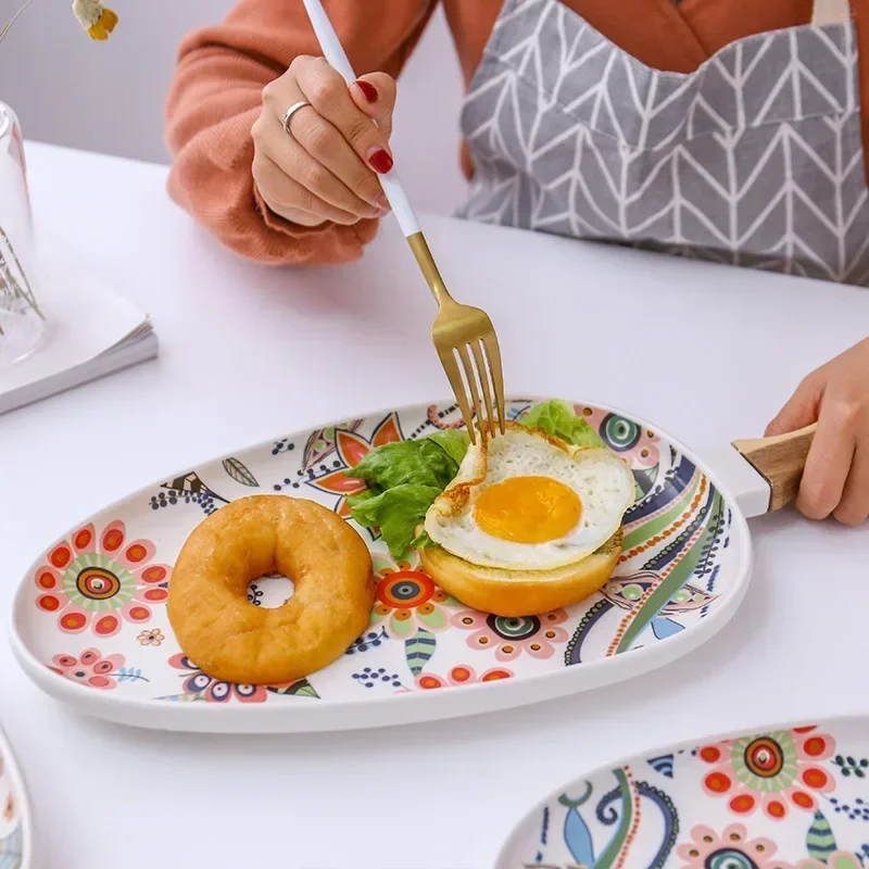European dinner  high temperature matte glaze acacia wood handle oval steak plate western food plate ceramic