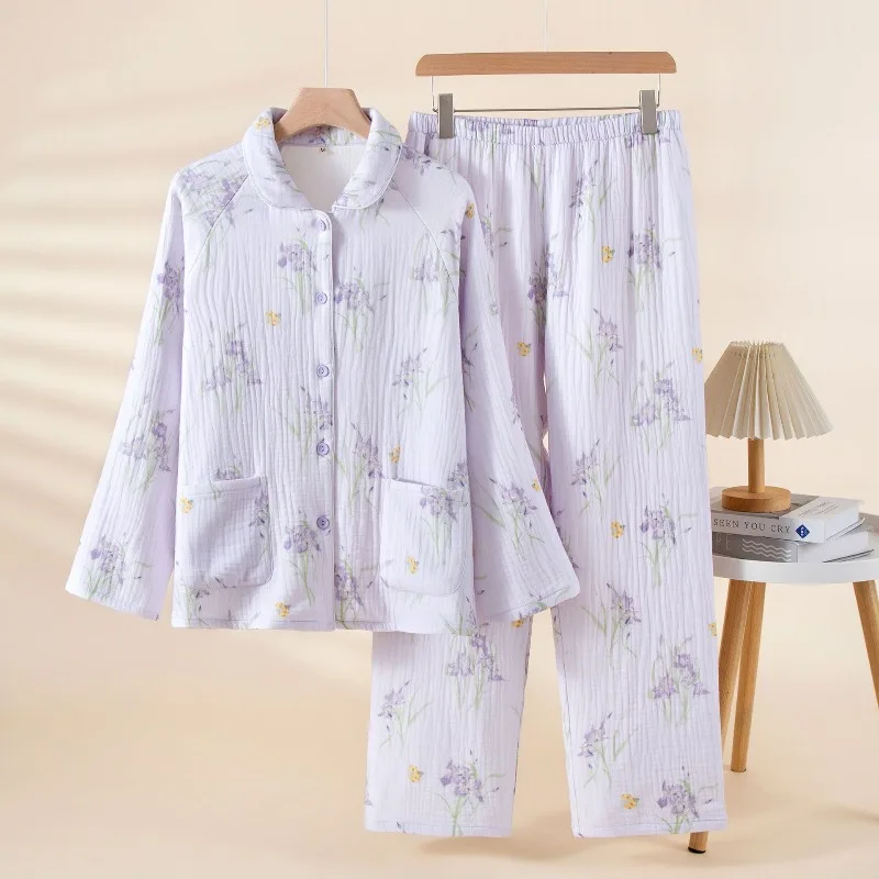 

Women's Pure Cotton Four Layer Wrinkled Yarn Pajamas Women's Spring and Autumn Winter Lapel Home Clothes Can Be Worn Outside