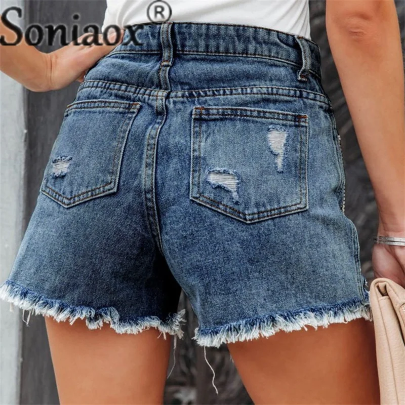 Fashion Tassel Chain Splicing Broken Holes Denim Shorts Women Streetwear Casual Three Quarter Pants Female Summer Straight Jeans