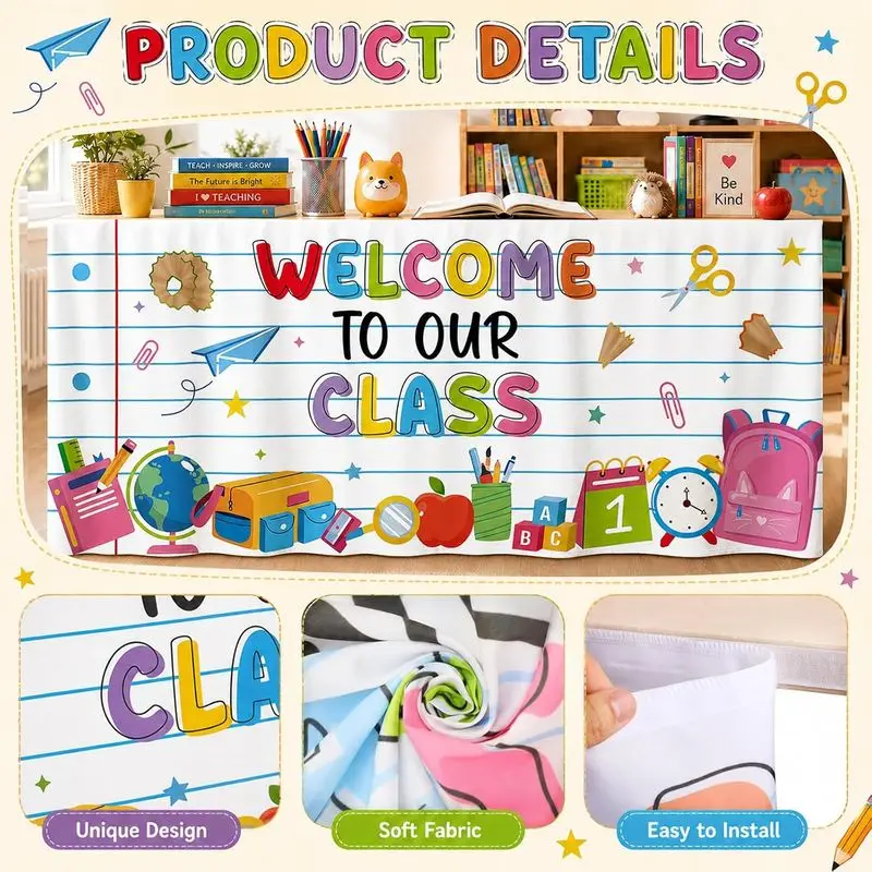 VIKAMA Welcome To Our Class Self Adhesive Desk Skirt Cartoon Stationery Classroom Teacher Table Cover Dustproof Hide Curtain