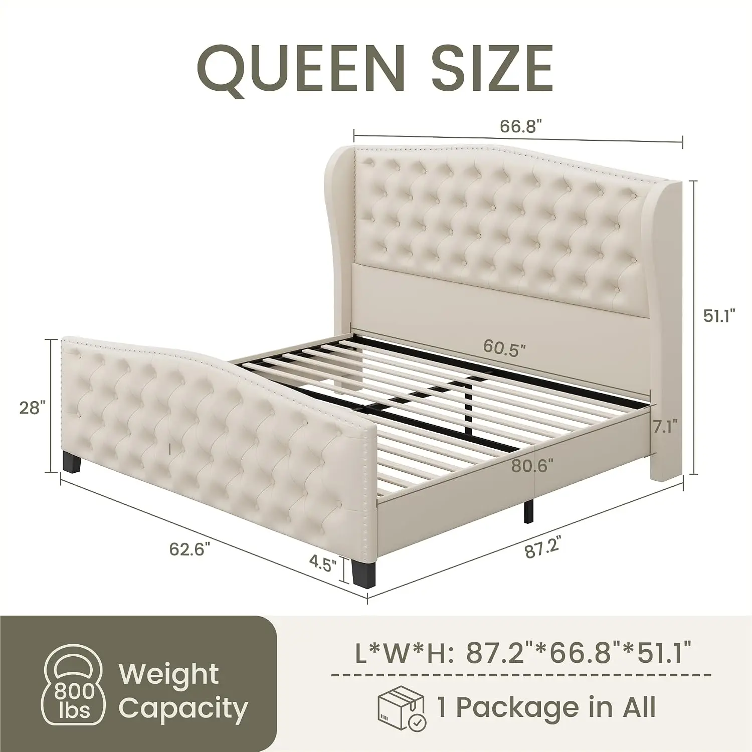 Queen Size Bed Frame Velvet Upholstered Platform Bed With Wingback Headboard & Footbaord, Deep Button Tufted Bed, Customized
