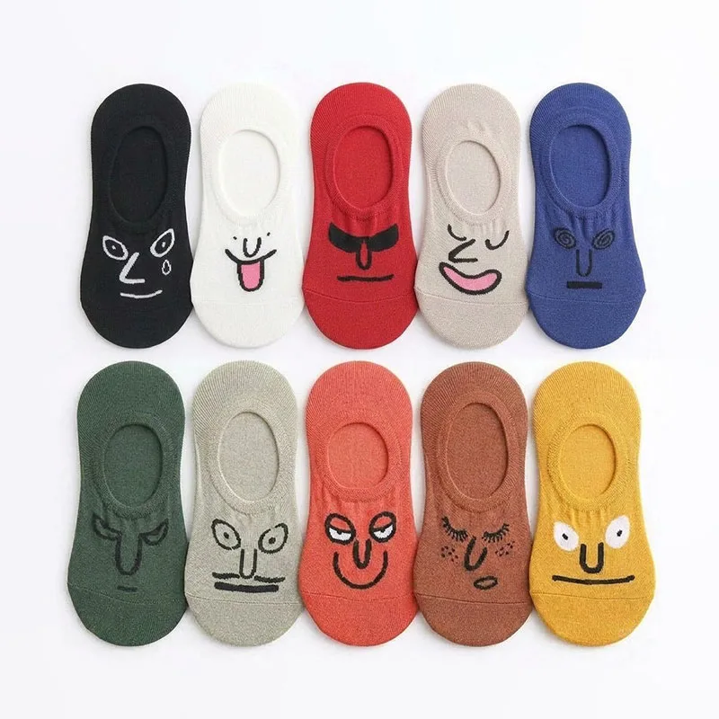5/10 Pairs Women Breathable Invisible Socks Thin Spring Summer Cartoon Cute Expression Silicone Anti Slip Cotton Casual Socks