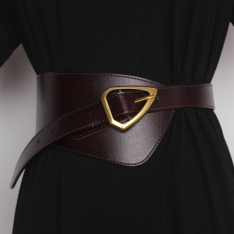 Luxurious European and American versatile cowhide women's waist wide belt with shirt dress coat oblique buckle decorative waist