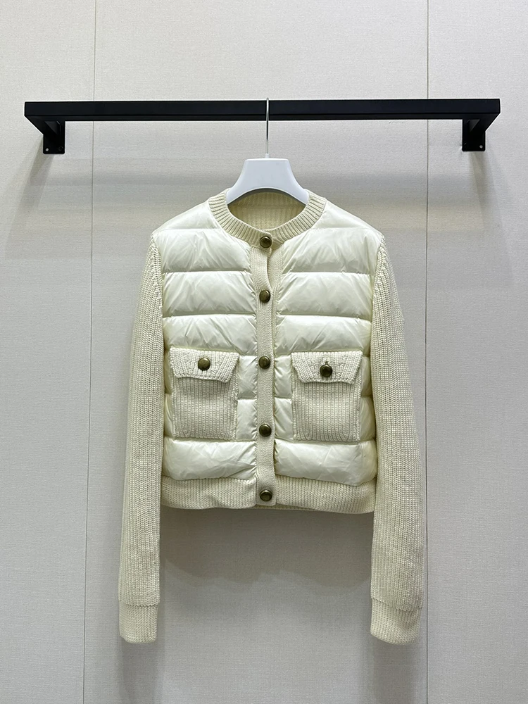 

SVORYXIU 2025 Winter Fashion Knitting Patchwork Down zipper Women's Casual Style White Vintage Round neck Down Jacket