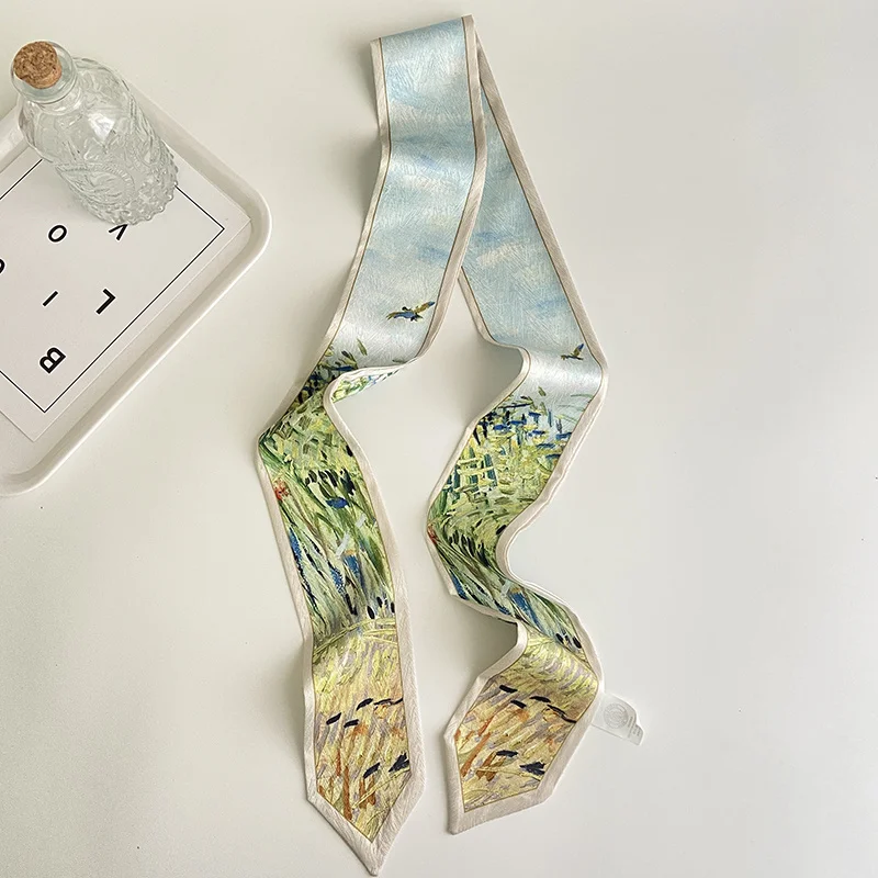 Van Gogh Green Blue Flower Oil Painting Hair Band Scarf Women Twill Small Silk Scarf Versatile Binding Bag Handle Ribbon