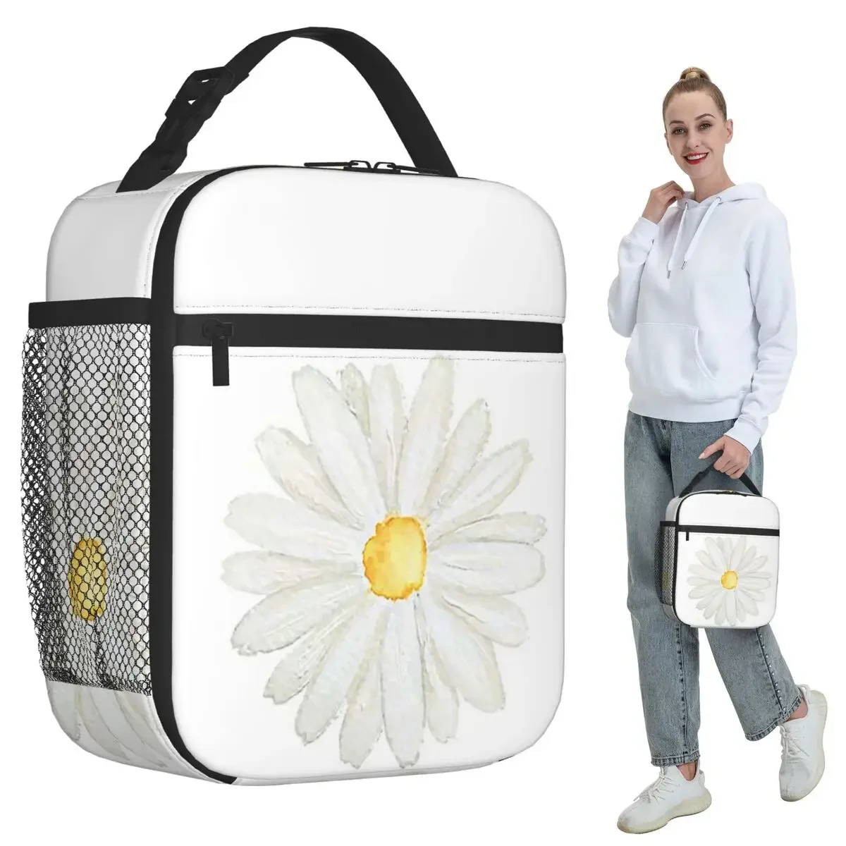 Hand Painted One Little White Daisy Watercolor Insulated Lunch Bag for Women Office Cooler Thermal Food Box Tote Lunch Boxes