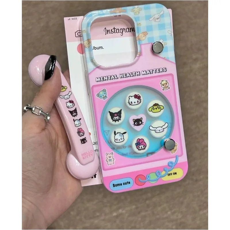 Funny Rotary Kitty Melody Kuromi Cinnamoroll Case For iPhone 12 13 14 15 Pro Max Mobile Big Brother Phone Handle Stand