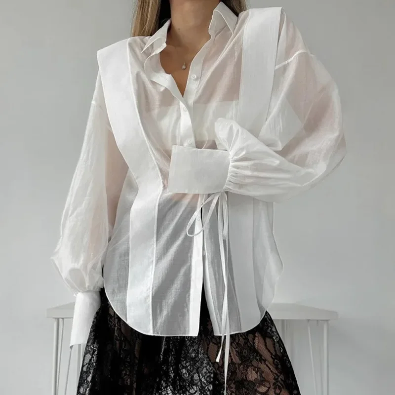 

Women's Elegant Shirt White Long Sleeve Lace Up Single Breasted Lapel Shirt Casual Commuting Sexy See-through Top Shirt