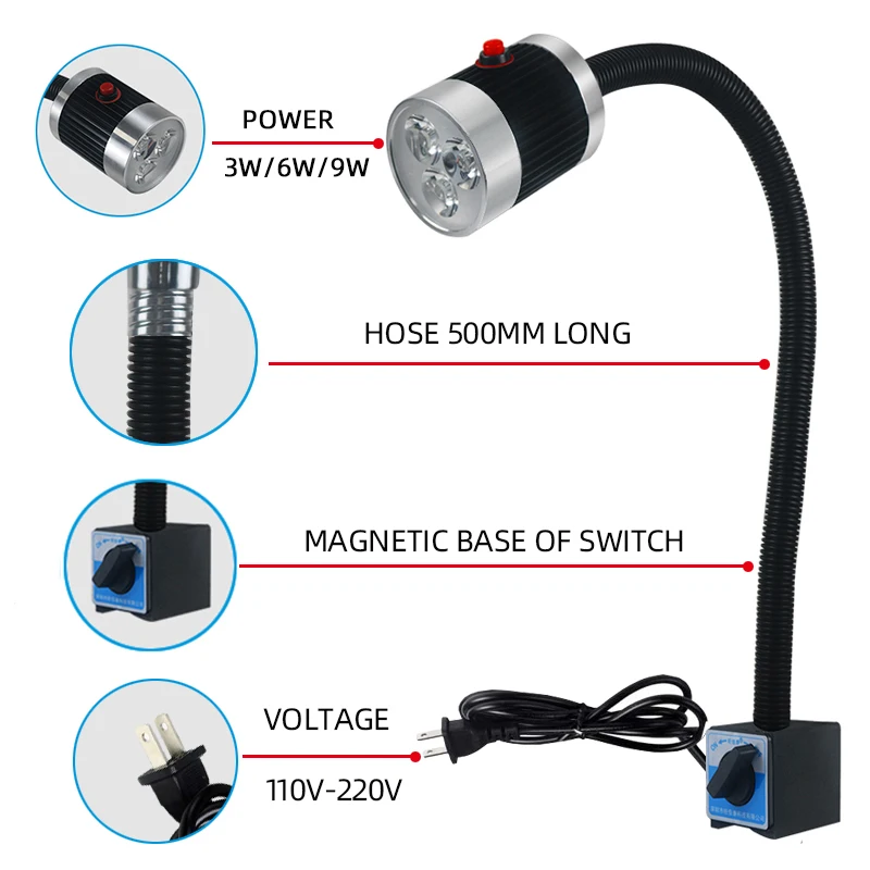 LED 공작 기계 조명, 긴 암 호스, 작업장 작업 조명, 자석 및 나사 베이스, 매우 밝은 산업용 램프, 3W, 6W, 9W