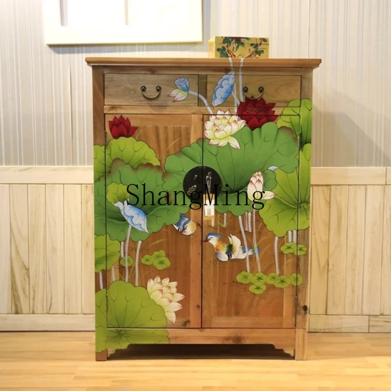 

ZYY household new Chinese log hand-painted shoe cabinet Chinese solid wood two bucket double door shoe cabinet