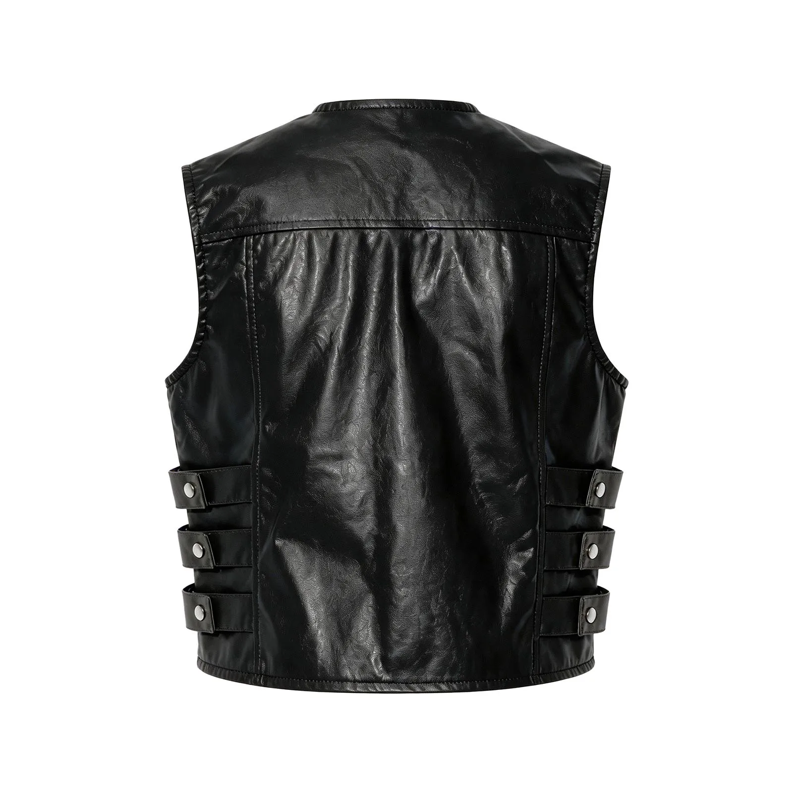 Fashion Mens Motorcycling Club Party Vest Top Faux Leather Side Button Straps Zipper Sleeveless Jacket with Flap Pockets