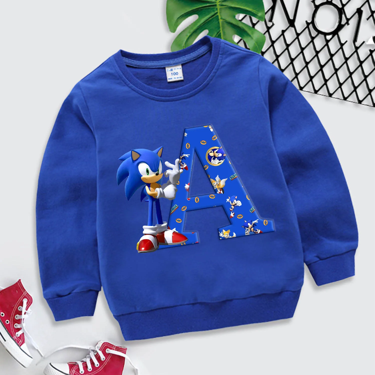 Sonic Thin Hoodie for Children 26 Letter Sweatshirt Top Fashion Blue Clothing Cartoon Cotton Caftan Kids Round Neck Clothes Gift