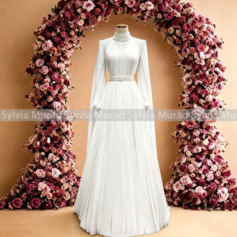 Customized A Line Wedding Dress With Beaded High Neck Long Sleeves White Chiffon Bridal Dresses Dubai Arabic Women