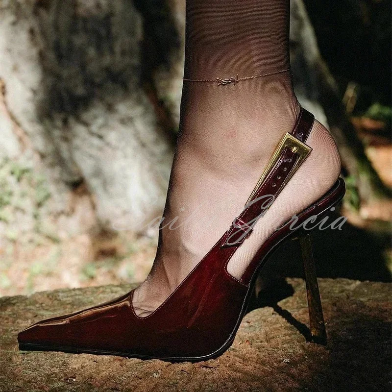 

Черные туфли на высоком каблуке для ночного шоу, новинка 2025, стильные сексуальные женские коричневые туфли-лодочки из лакированной кожи с квадратной головкой на тонком каблуке и металлической пряжкой