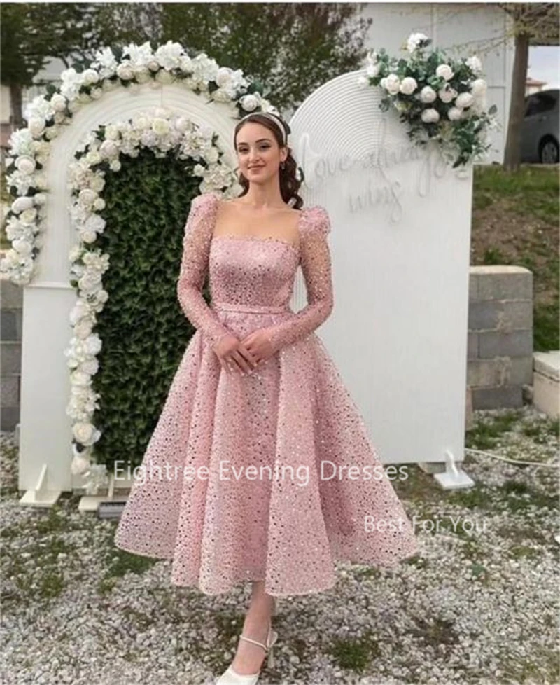 Eightree Dubai Turquoise Sequined Prom Dresses Long Sleeves Midi Saudi Arabia Muslim Evening Dress Luxury Bespoke Occasion Gowns