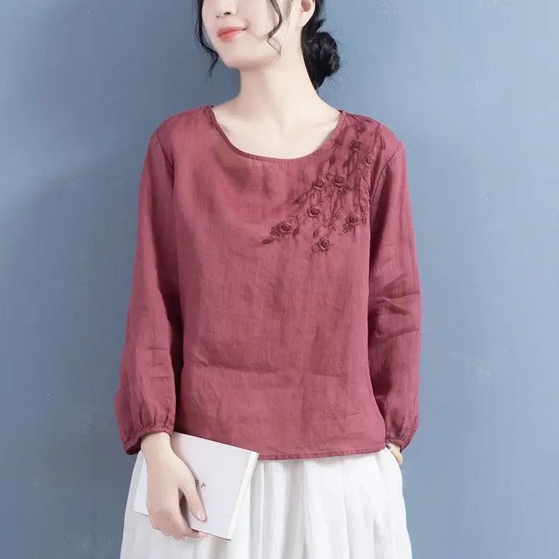 Women Summer Simplicity Loose Cotton and Linen Embroidered O-neck Long sleeve T-Shirt Ladies Casual Appear Thin Trend Top Tee