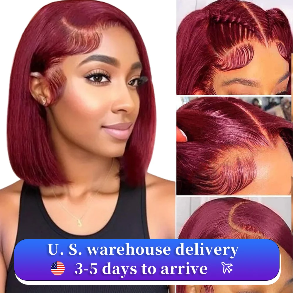 99J Burgundy 13x4 Bob Straight Pre Plucked Human Hair Wigs Short Brazilian Human Hair Wigs Transparent Lace Human Hair Wig