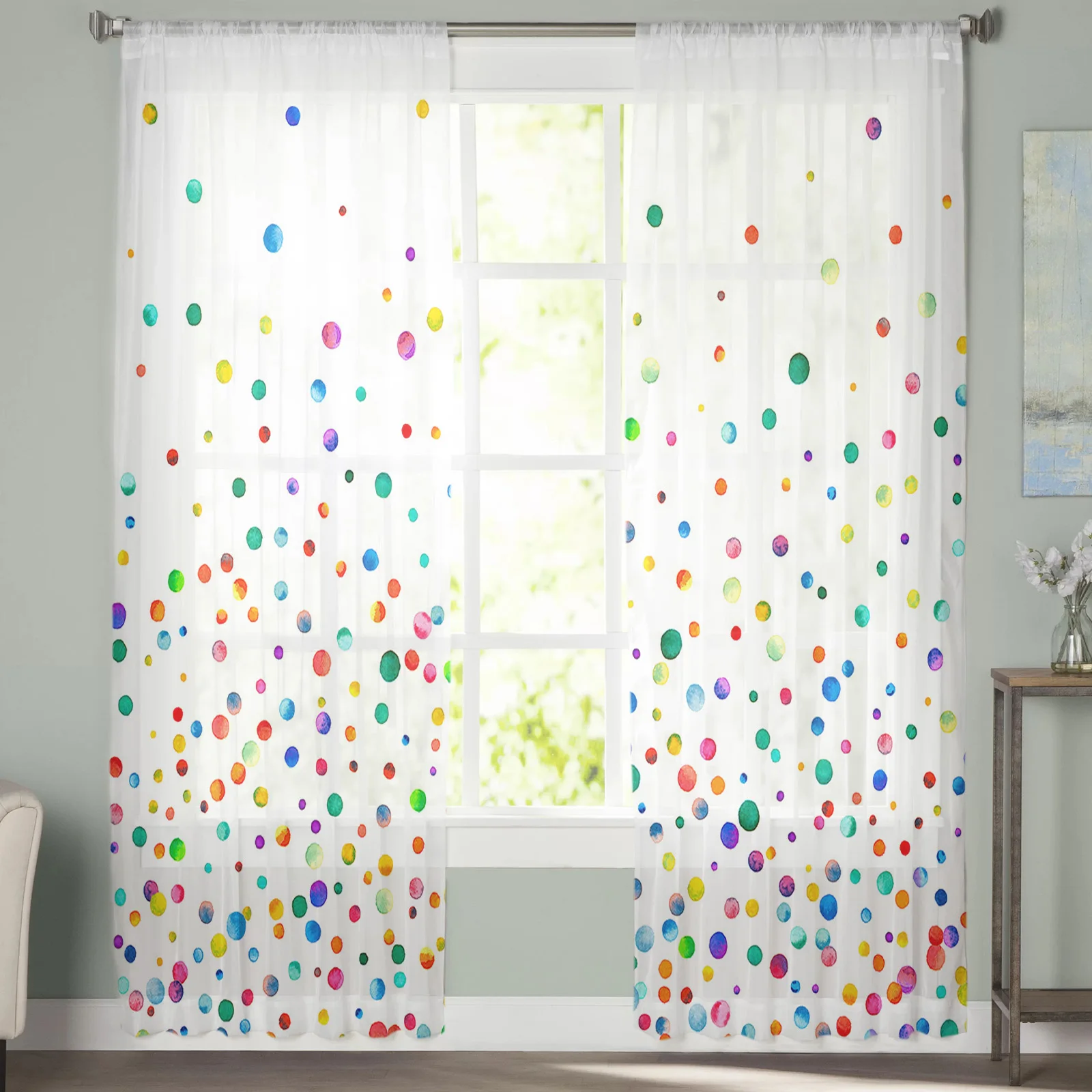 Gradient Texture Colorful Wave Dot Graffiti Sheer Window Curtains for Living Room Bedroom Girls Room Decoration Tulle Curtains