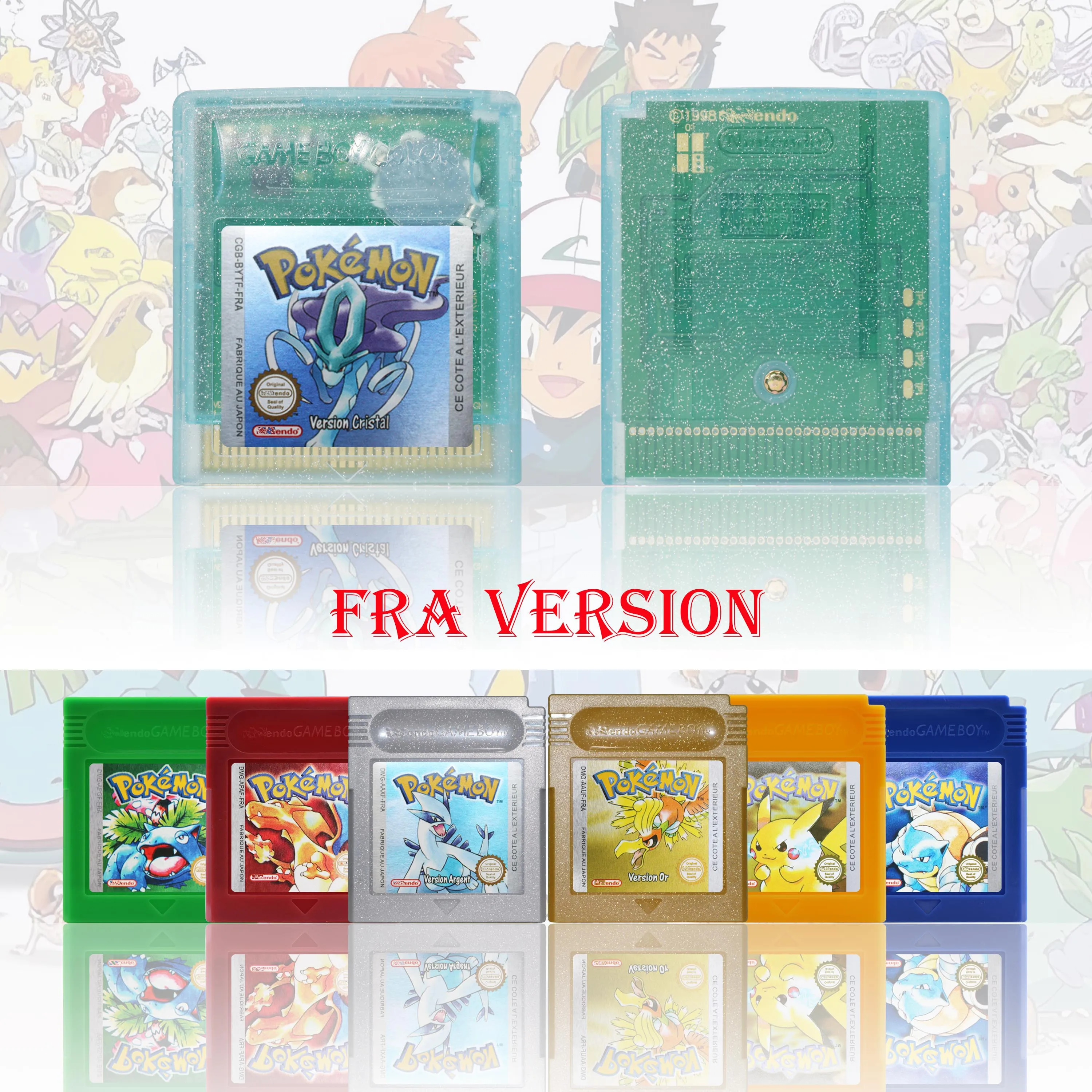 FRA Version Pokemon Rouge/Bleu/Jaune/Or/Argent/Cristal/Vert Game Cartridge GBC Video Game Console Card High Quality with Battery