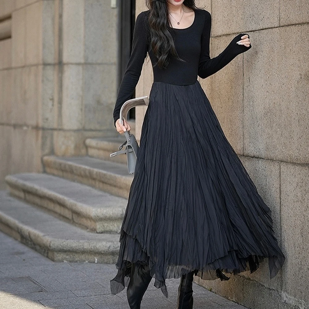 

Elegant Party Evening Dresses Woman A-Line Solid Color Long Sleeves Ruffles Contrast Color Scoop Pleats Bespoke Occasion Gowns