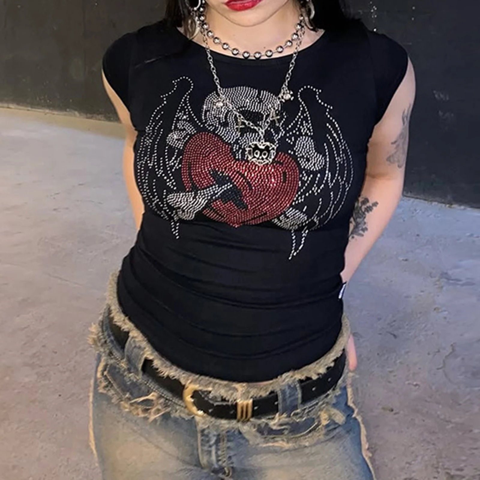 تي شيرت ريترو Y2K تي شيرت مطبوع عليه حجر الراين لقضاء عطلة الشاطئ وحفلات الصيف والارتداء اليومي والنشاط الخارجي ملابس الشارع