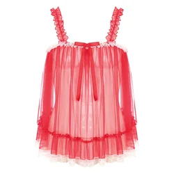 Gay Mens Sissy Dress Sheer Mesh Top Ruffle Straps Bow See-Through Mesh Lace Trim Camisole Slip Top Crossdresser Male Costumes