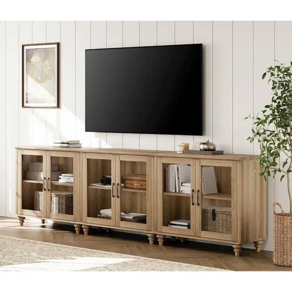 

100 Inch TV Stand with Glass Door, Wood TV Cabinet Entertainment Center, 3-in-1 Kitchen Buffet Cabinet with 6 Storage Cabinets