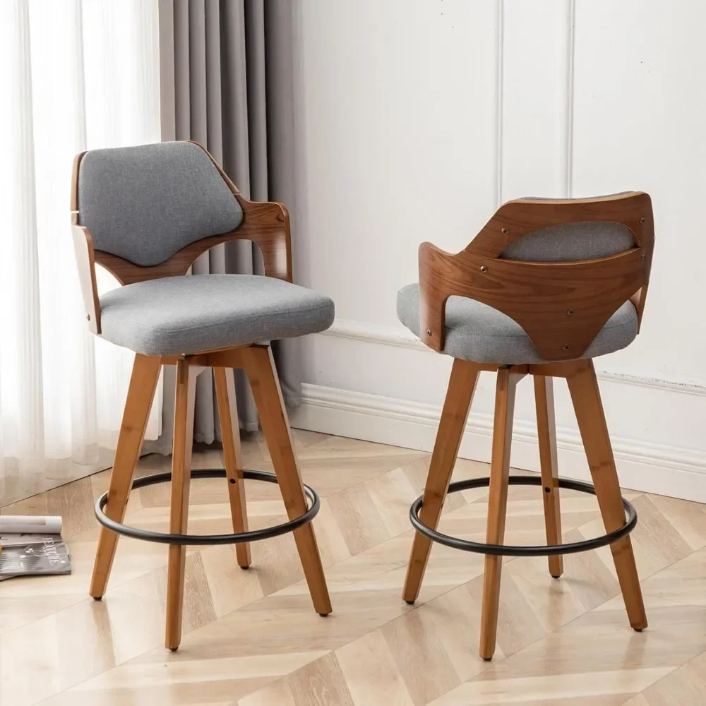 Swivel Bar Stools Set of 2,Counter Height Bar Stools,Upholstered Bar Chair with Bamboo Legs,Low Back Counter Stools for Kitchen