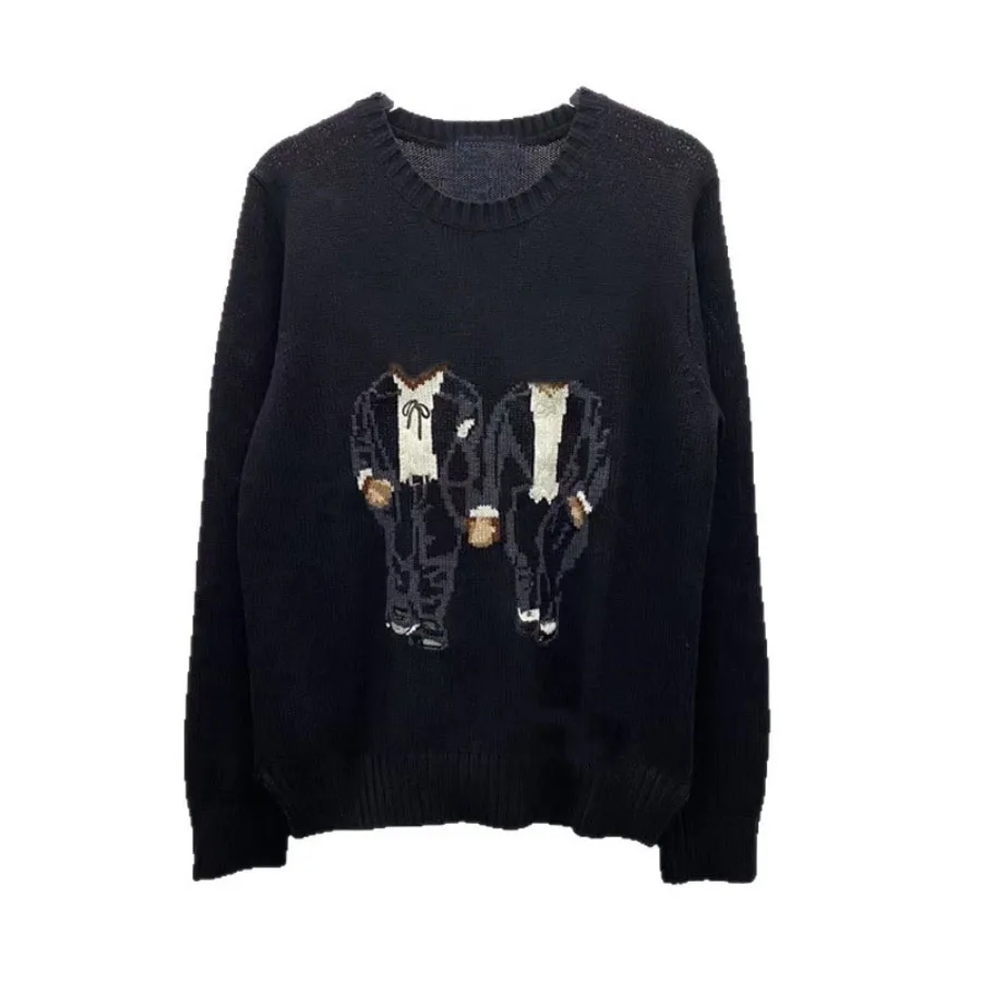 

​ ​ Мягкий хлопковый вязаный свитер с вышивкой медведя для женщин, топ с круглым вырезом, осенне-зимний, удобный, повседневный, с вышивкой, пуловер