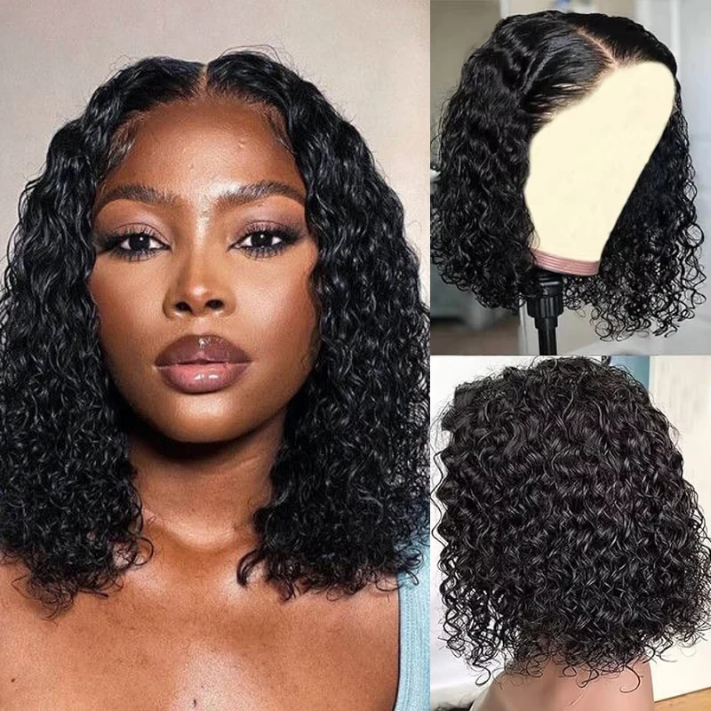 14inch Short Bob Wigs 13x4 Deep Wave Bob Wig Human Hair 100% Human Hair Pre Plucked Water Curly for Women Natural Hairline 180%