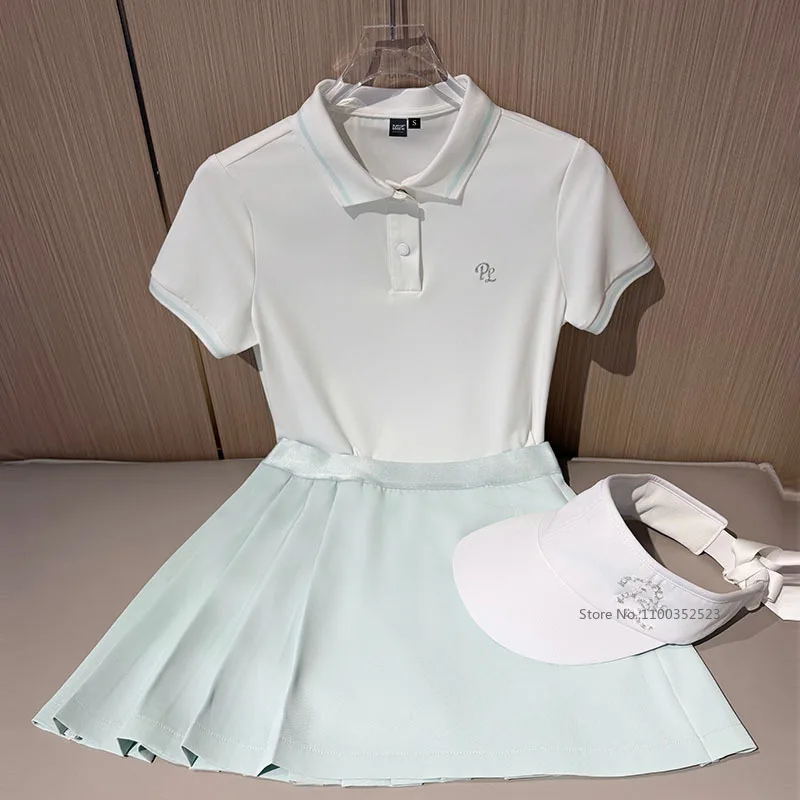 PL Summer New Golf Polo Shirt Women Breathable Short Sleeve Tops Slim Elastic Waist Golf Skirt Pleated Tennis Skorts