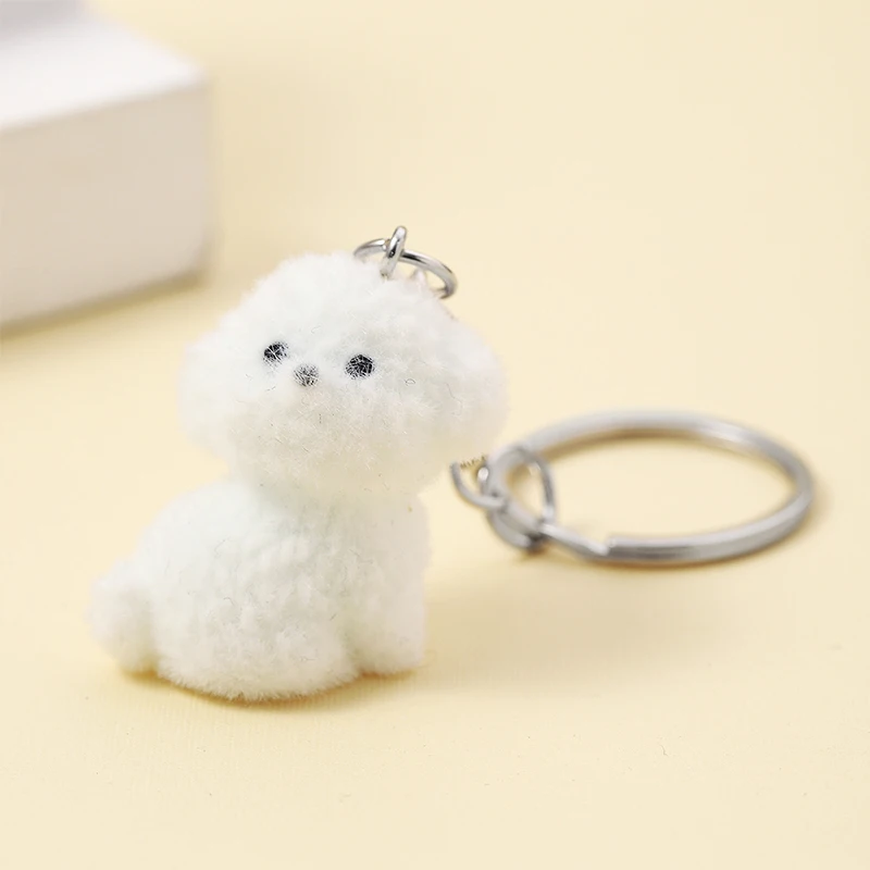 3D Cartoon Flocking White Dog Keychain Cute Flocked Puppy Animal Keyring Bag Pendant Backpack Charm Car Decor Accessories Gift