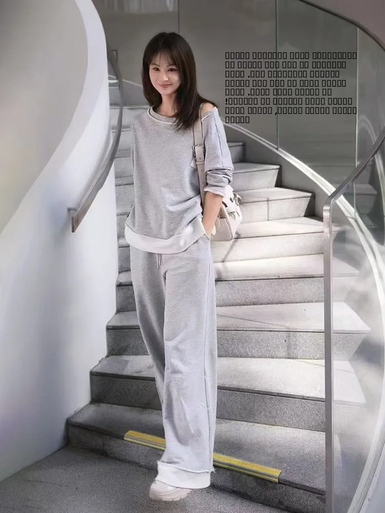 

Rebellious Girl Hoodie Set Combed Cotton Yarn oulder Slanting Sweatirt Pants Long Sve Long Pants Spring Faion Set