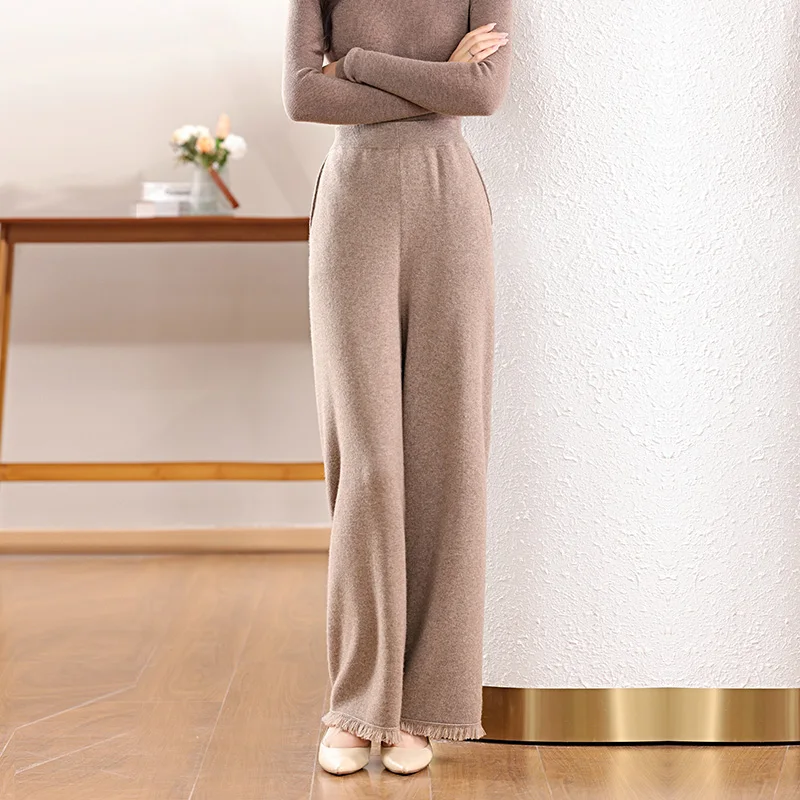 

2025 Hot Sale 100% Merino Wool Women Elastic Waist Wide-Leg Pants Casual Loose Trousers Soft Sports Autumn Winter Knitted Pants