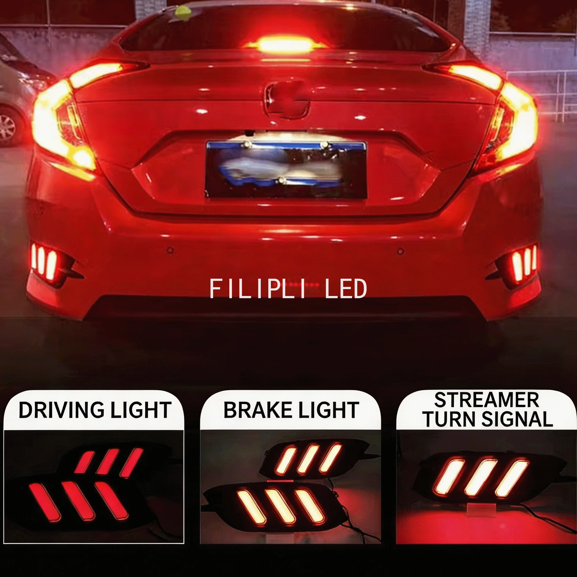 

For Honda 16-20 tenth generation Civic rear bumper light LED brake light running water turn signal rear fog light