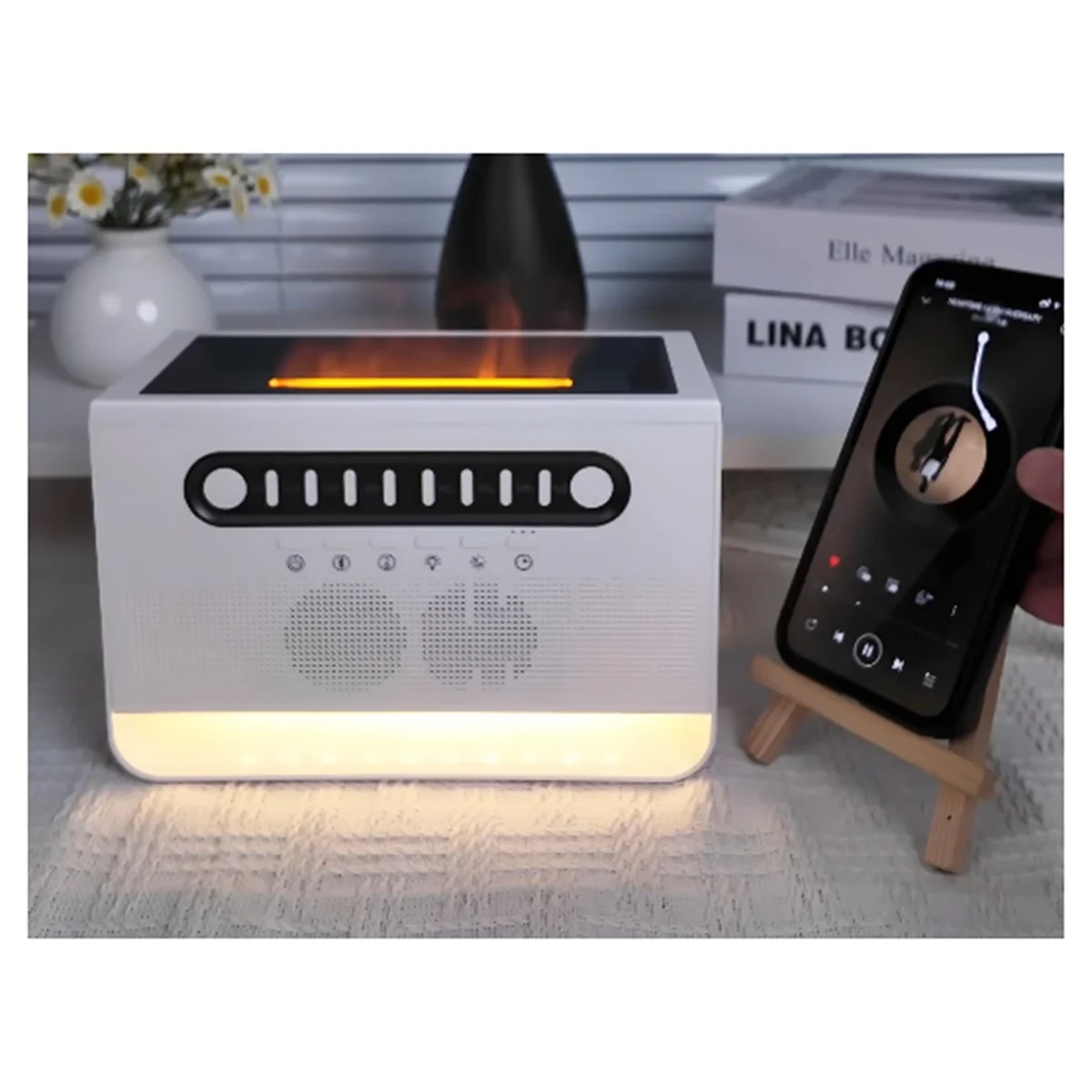 CCDD Humidificador สีขาวเสียงรบกวนลําโพงบลูทูธเดสก์ท็อปสีจําลองเปลวไฟน้ํามันหอมระเหยในร่ม USB Air Humidifier