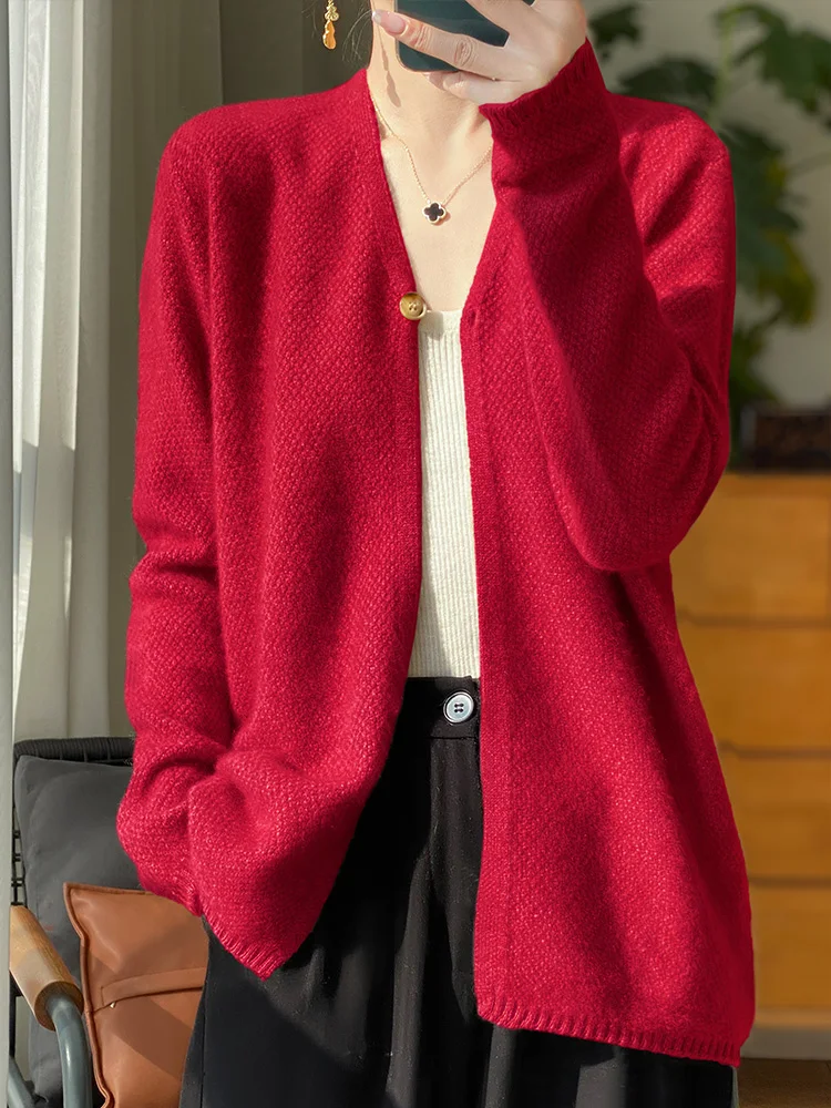 New Spring Autumn Women\'s V-neck Cardigan Pure Color Grace Soft Sweater 100% Merino Wool Knitwear Korean Style Loose Basic Cloth