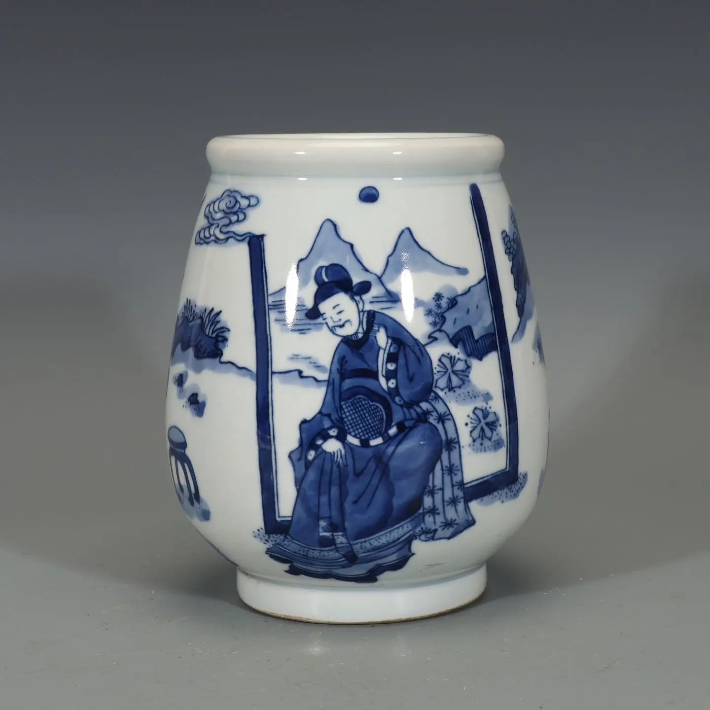 Blue and White Porcelain Jar Ancient Official Figure Landscape Painting Chinese Antique Ceramic Collectible Decor