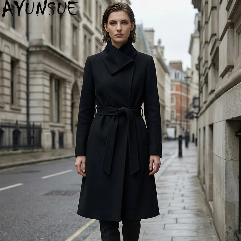 AYUNSUE Women's Wool Coat Long Cinched-waist Lace-up Double-sided Wool Outerwear Autumn Winter Commuting Jacket Woman Clothes