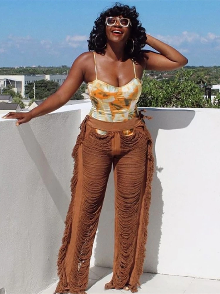 High Quality Chic Tassel Knitted Women Y2K Straight Pants Patchwork Hollow Ripped Trend Middle Waist Casual Trousers Streetwear