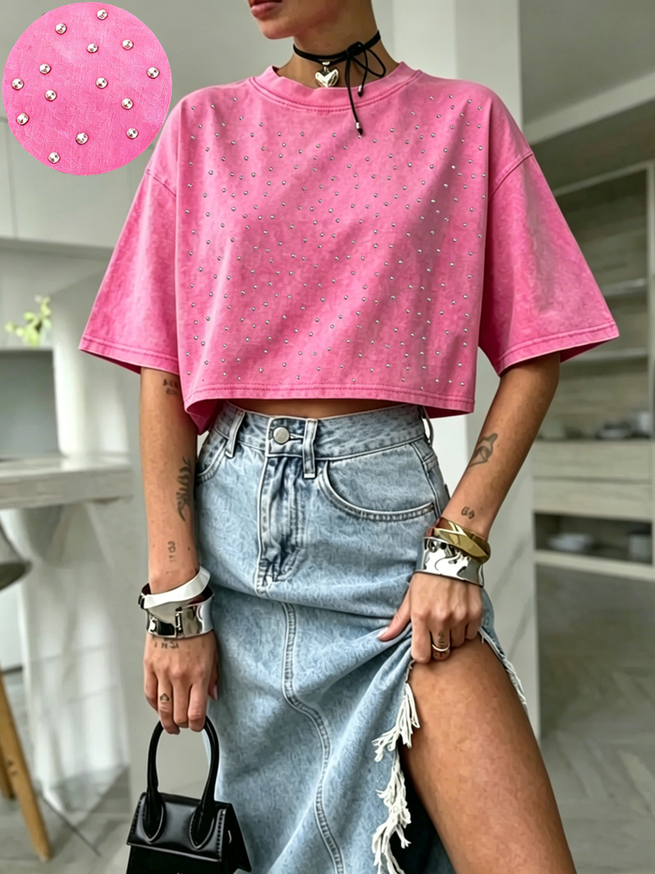  Summer Diamond Washed T-Shirts Y2k Trend Womens Cotton Crop Tops Casual Basic O-Neck Short Sleeve Tees Vintage Womans Clothes 