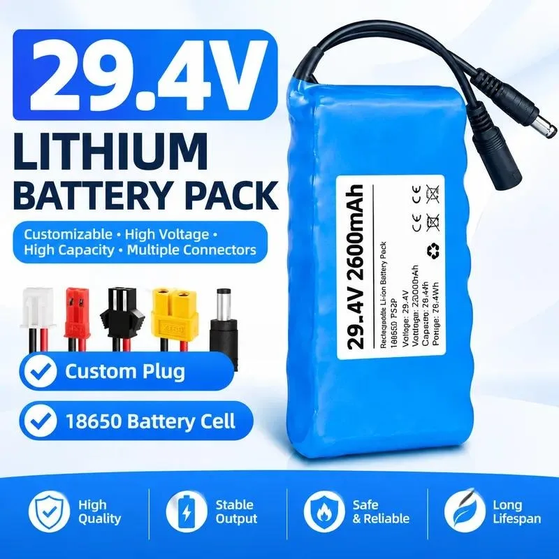 7 Strings 18650 Large Capacity 29.4V Lithium Battery for Robot Rolling Shutter Door Motor Tennis Tee 25.2V Battery Pack