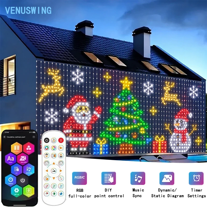 Luci a tenda LED, luci a stringa con pixel programmabili, display personalizzabile con motivi e testo, luci decorative RGB, impermeabili IP44, sincronizzazione musicale, timer, lampada per tende da