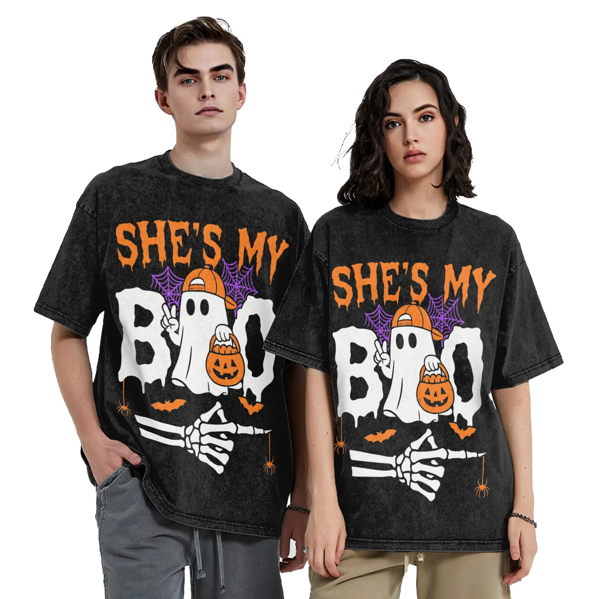 Washed T Shirts Halloween Hip Hop T-Shirt High Street She's My Boo Cute Ghost Streetwear Short Sleeve Printed Top Tees Men Women