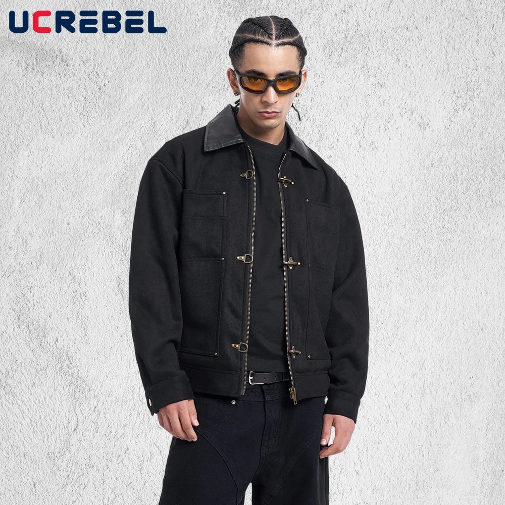 

Multi-Pocket Pocket Spliced Suede Jacket Mens Button Decoration Retro High Street Autumn Winter Lapel Long Sleeve Outerwear Man