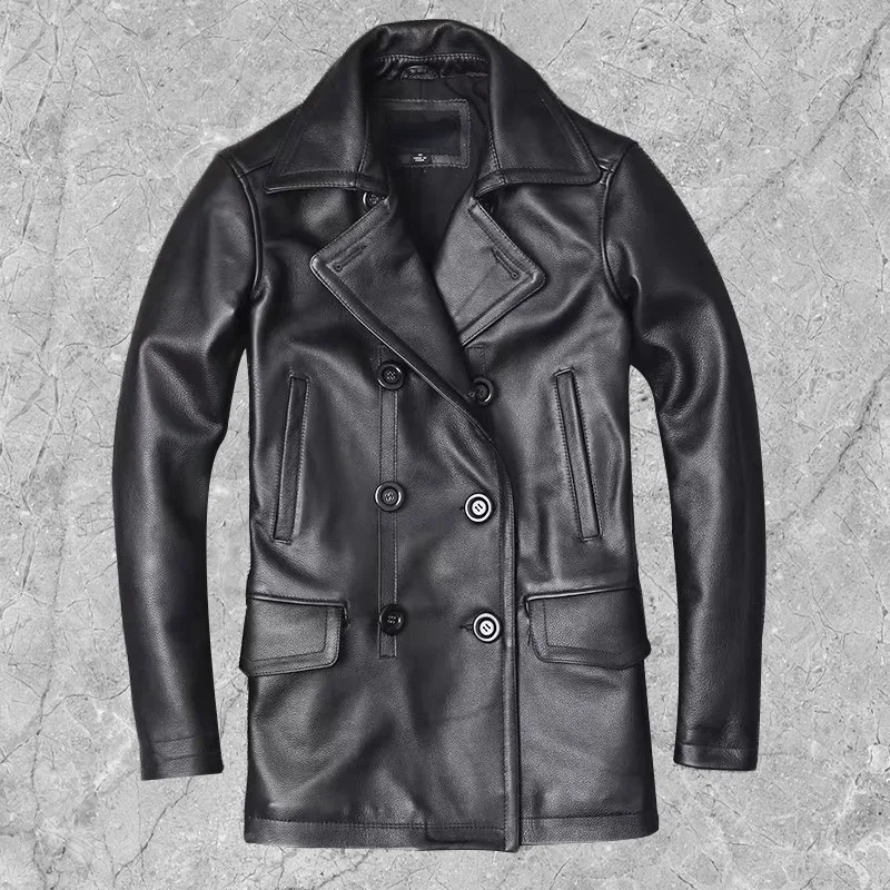 

2023 Autumn Winter New Men Genuine Leather Jacket Cowhide Overcoat Business Coat Trench Style Double Breasted Calfskin Clothes