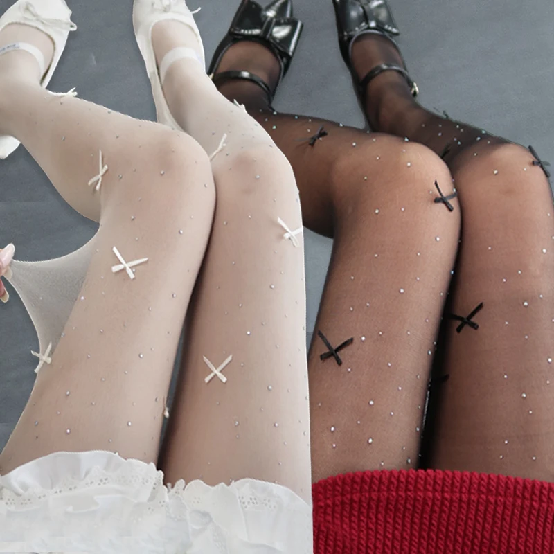 Lolita Velvet Bowkont Embroidery Pearl Tights Pantyhose Flash Diamond Women Tights JK Styles Sweet Girls Kawaii Cute Stockings