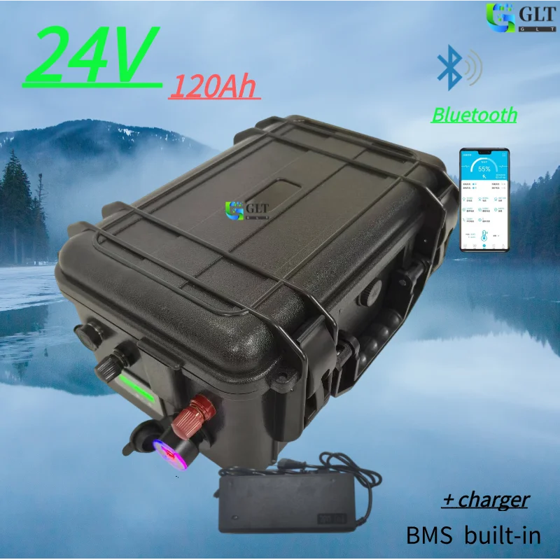 24V 120Ah LiFepo4 lithium rion battery pack with BMS 150A for fishing boat motor AGV car truck Marine Caravan +10A charger