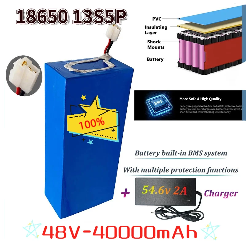 

New 13S5P 48V 40Ah 18650 40000mAh for Triangle Electric Scooter Bike Projector Light Replaceable Li-ion Battery with PVC Housing