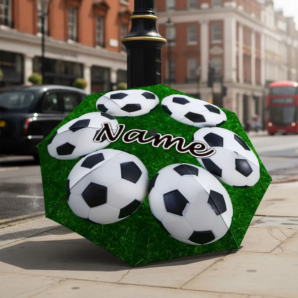 Custom Name Umbrella Six Soccer Balls On Green Grass Print Folding Umbrella, Portable Travel Parasol For Football Sports Fans